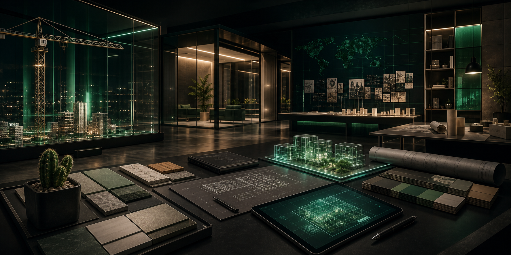 Scena coordinata di architettura, progettazione e regia multidisciplinare con un cactus come dettaglio secondario
